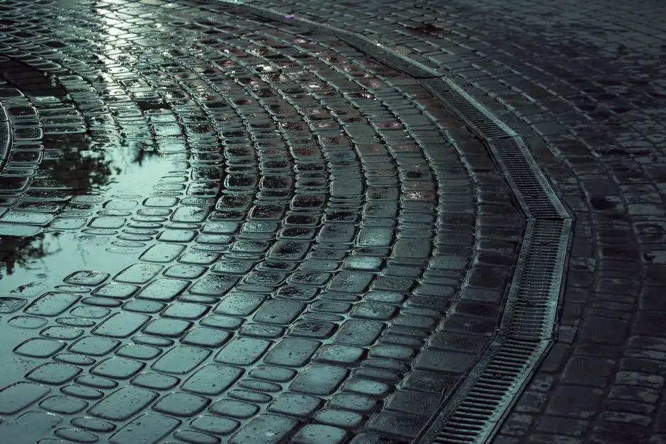 A close-up view of a wet cobblestone street with reflections in the puddles.