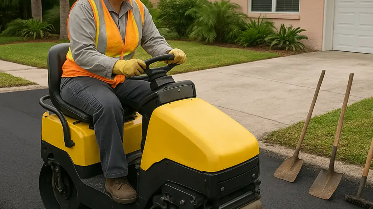 Asphalt Driveway Installation in Miami: technician operating a vibratory roller to achieve proper compaction on a new