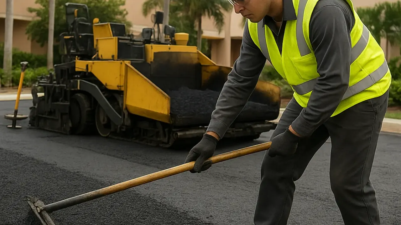 Commercial Driveway Construction in Miami: large asphalt paving machine laying a wide strip of hot asphalt on a new