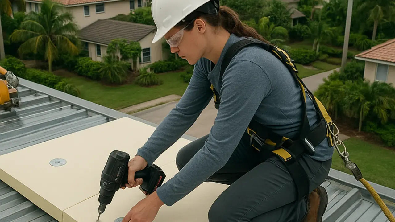Commercial Roof Installation in Sunrise: roofer fastening insulation boards to a metal deck on a commercial low-slope roof