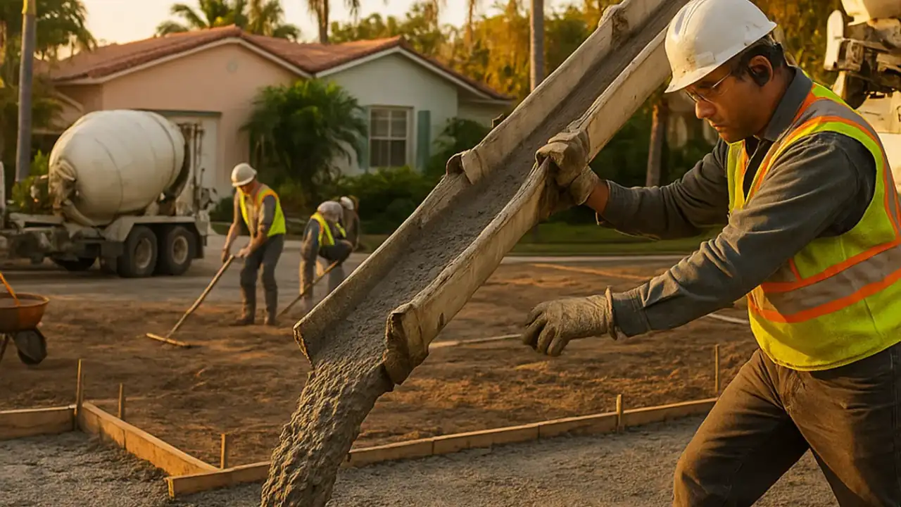 Concrete Driveway Installation in Miami: concrete pump truck discharging fresh concrete into a prepared driveway formwork