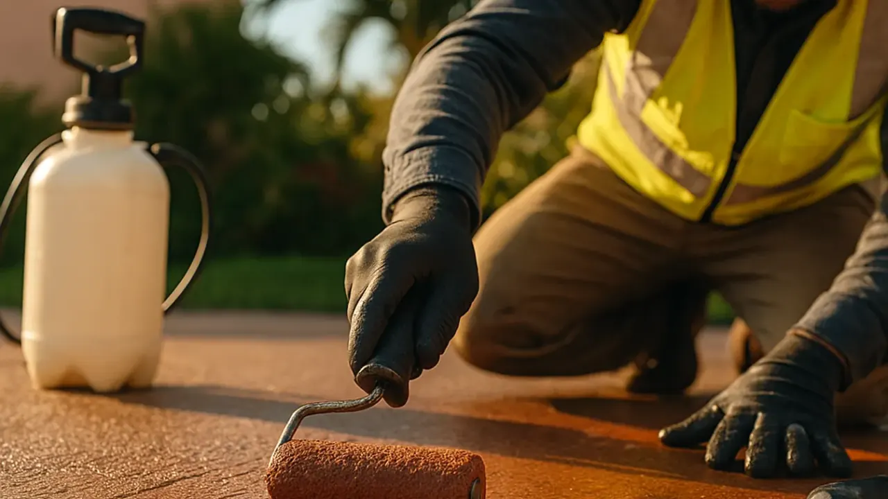 Decorative Driveway Finishes in Miami: technician applying a colored stain to a textured concrete driveway to achieve a