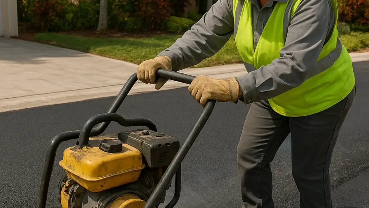 Drive ways construction in miami: Close-up of a technician's gloved hands operating a commercial-grade asphalt compactor