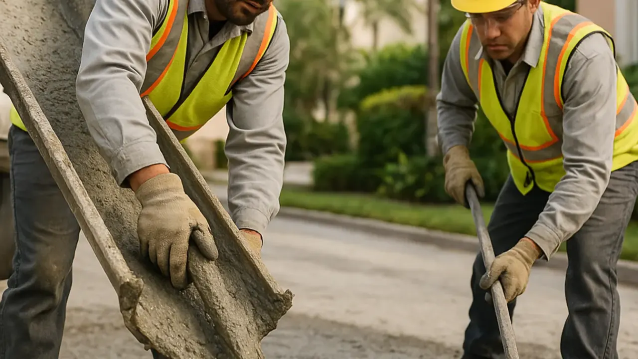 Drive ways construction in miami: Two technicians collaborating, one guiding a concrete chute from a pump truck, and another