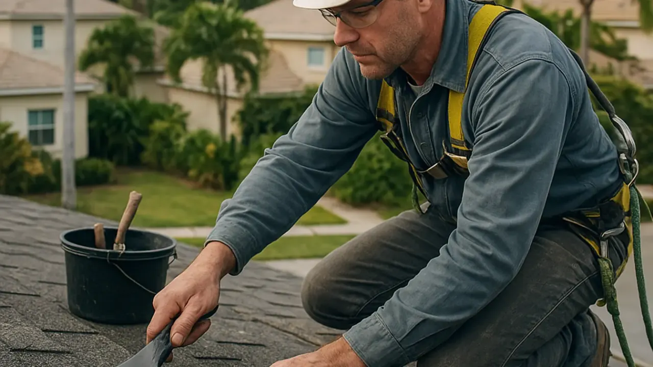 Roof Cleaning and Moss Removal in Sunrise: roofer hand-scraping stubborn lichen growth from asphalt shingles with a plastic
