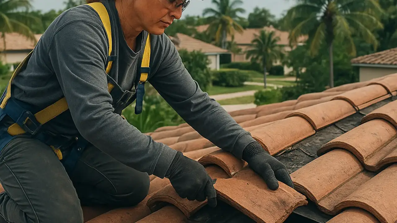 Roofing in Sunrise: roofer carefully removing a broken roof tile from an existing tiled roof, with specialized tools nearby