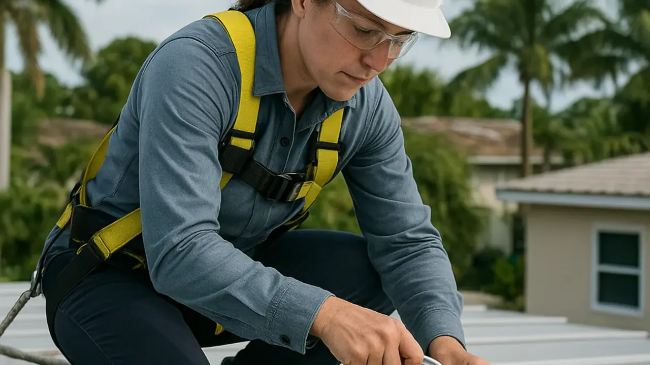 Roof Maintenance Programs in Sunrise: roofer checking for loose fasteners on a metal roof, tightening them with a
