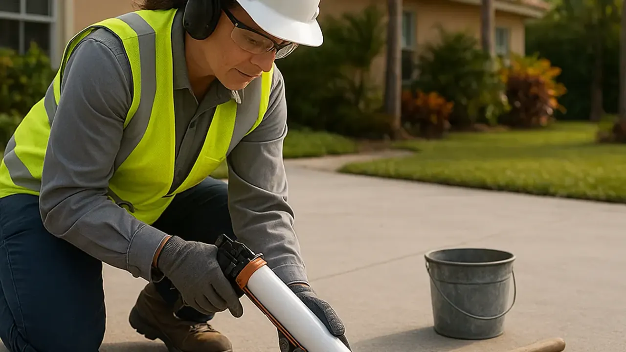 Driveway Crack Filling and Joint Repair in Miami: technician applying a flexible joint sealant into expansion joints on a