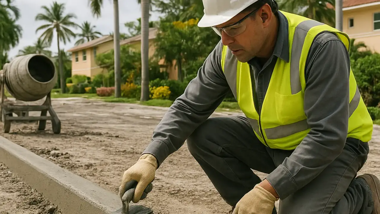 Driveway Curbing and Edging in Miami: technician hand-finishing a newly poured concrete curb section with a trowel