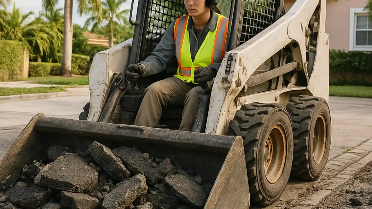 Driveway Demolition and Removal in Miami: technician using a skid steer loader to clear away loose asphalt debris after an