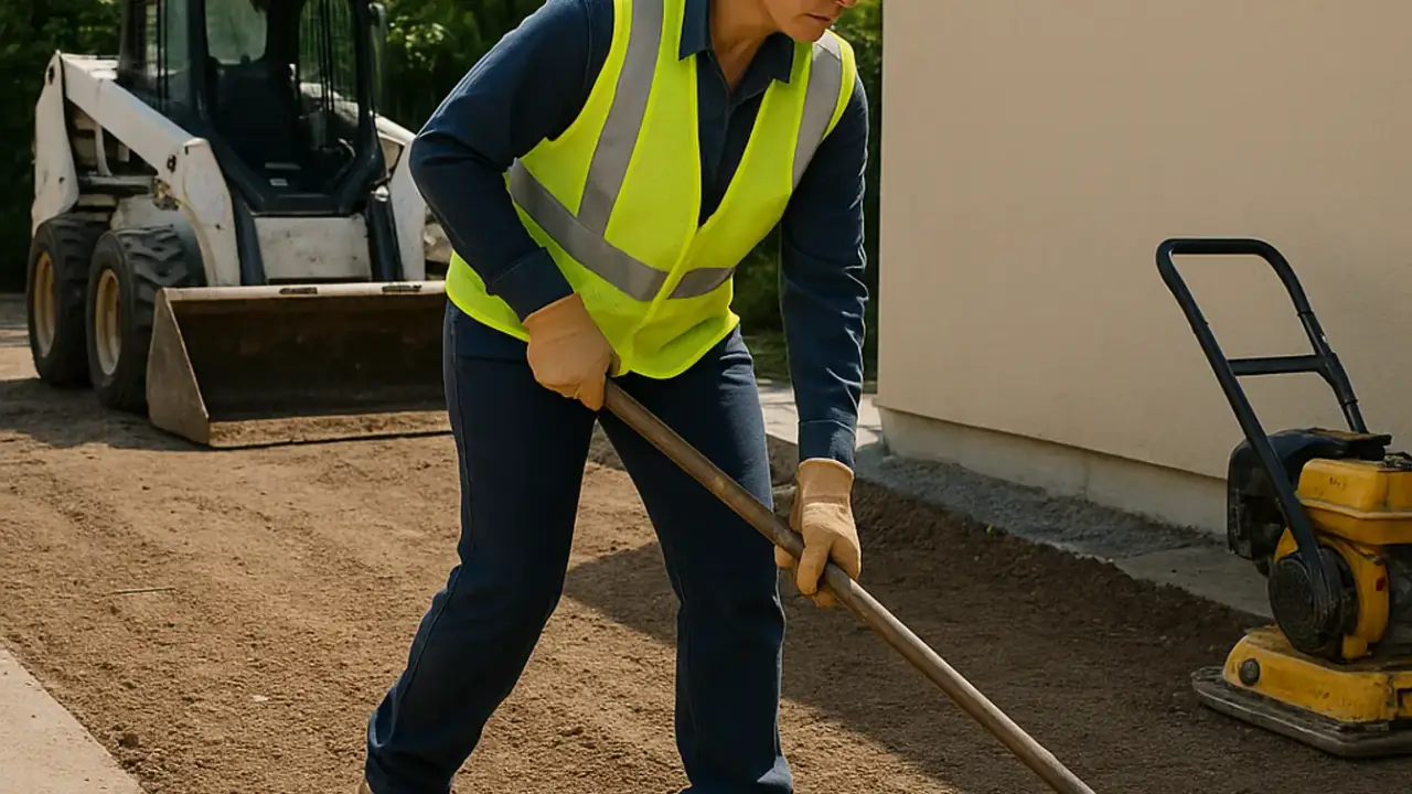Driveway Drainage Solutions in Miami: technician grading the sub-base of a new driveway to create a subtle slope directing