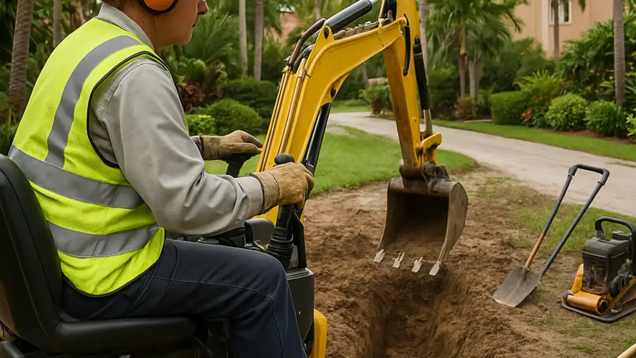 Driveway Excavation and Site Preparation in Miami: technician operating a mini-excavator to dig out the initial trench for a