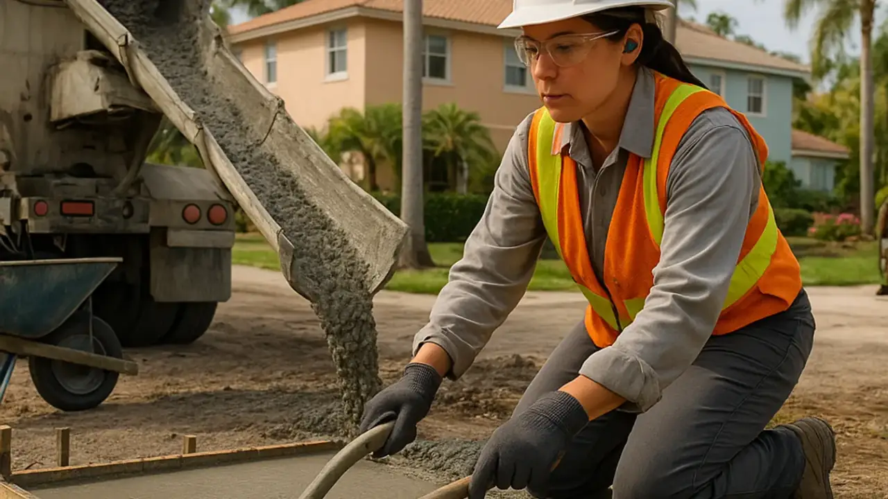 Driveway Expansion and Widening in Miami: concrete mixer truck pouring fresh concrete into new formwork set up to expand an