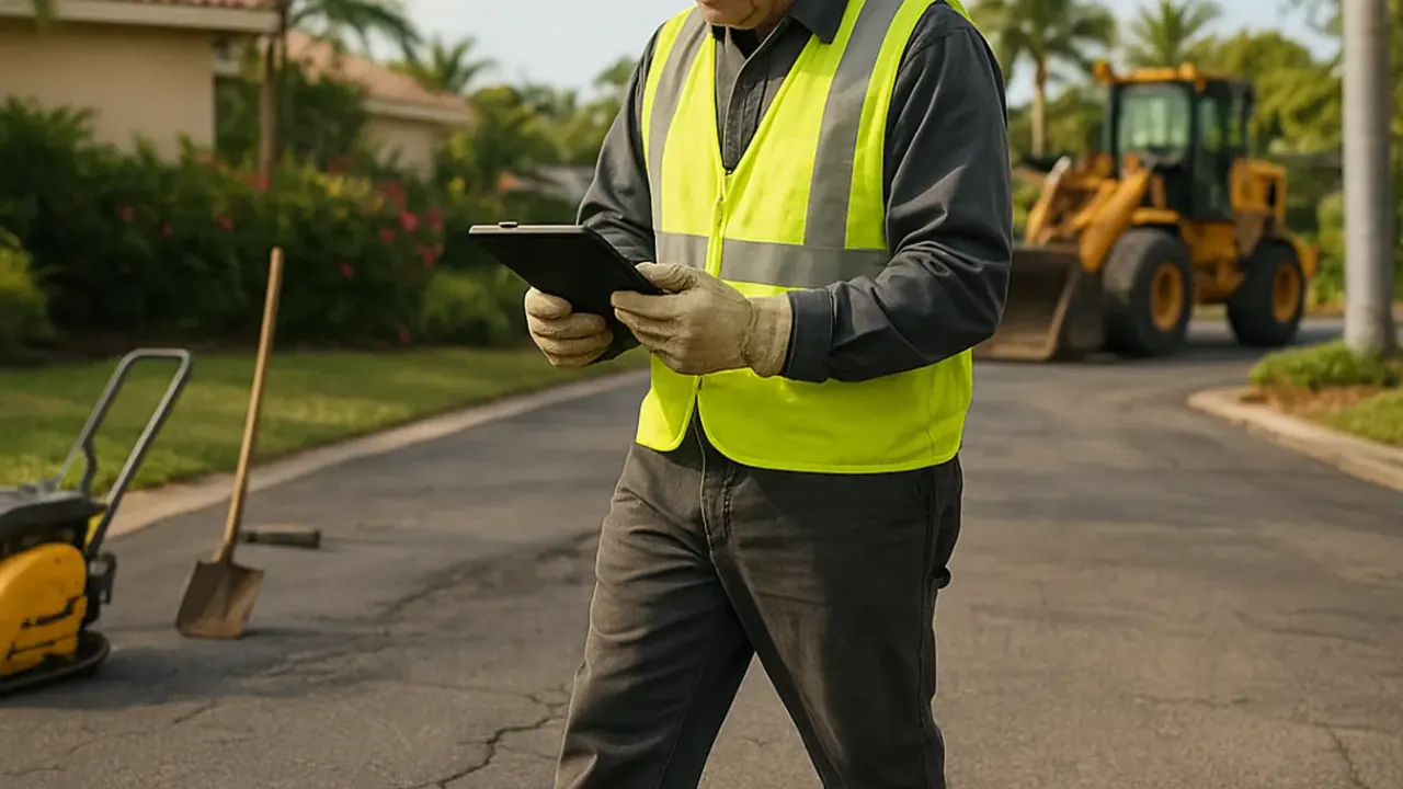 Driveway Inspection and Assessment in Miami: technician walking slowly along an asphalt driveway, meticulously documenting