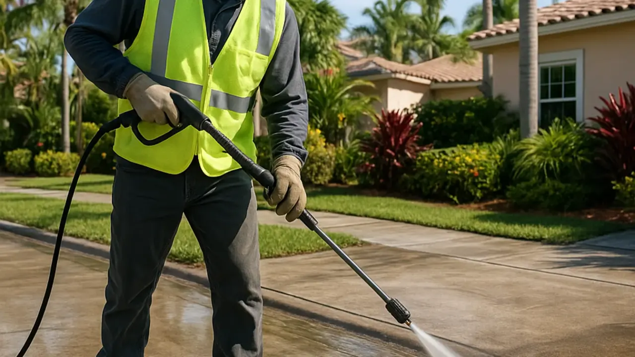 Driveway Maintenance Services in Miami: technician using a powerful pressure washer to clean dirt and grime from a concrete