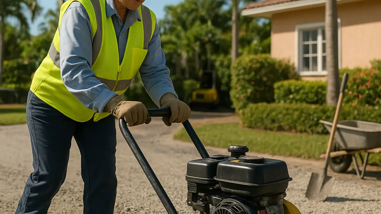 Driveway Reinforcement and Sub-base Stabilization in Miami: technician using a vibratory plate compactor to stabilize and