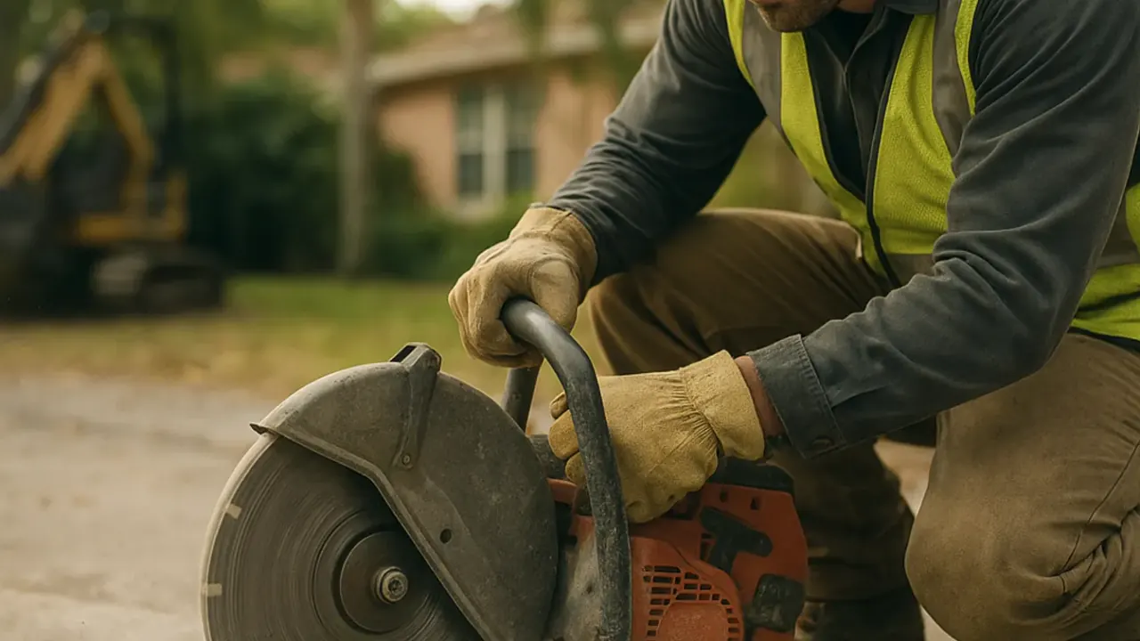 Driveway Repair and Patching in Miami: technician using a concrete saw to cut out a precise rectangular section of a failing