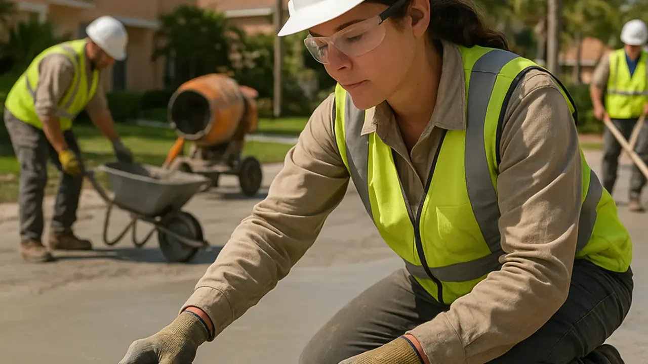 Driveway Resurfacing and Overlay in Miami: crew of technicians troweling a thin layer of polymer-modified concrete overlay