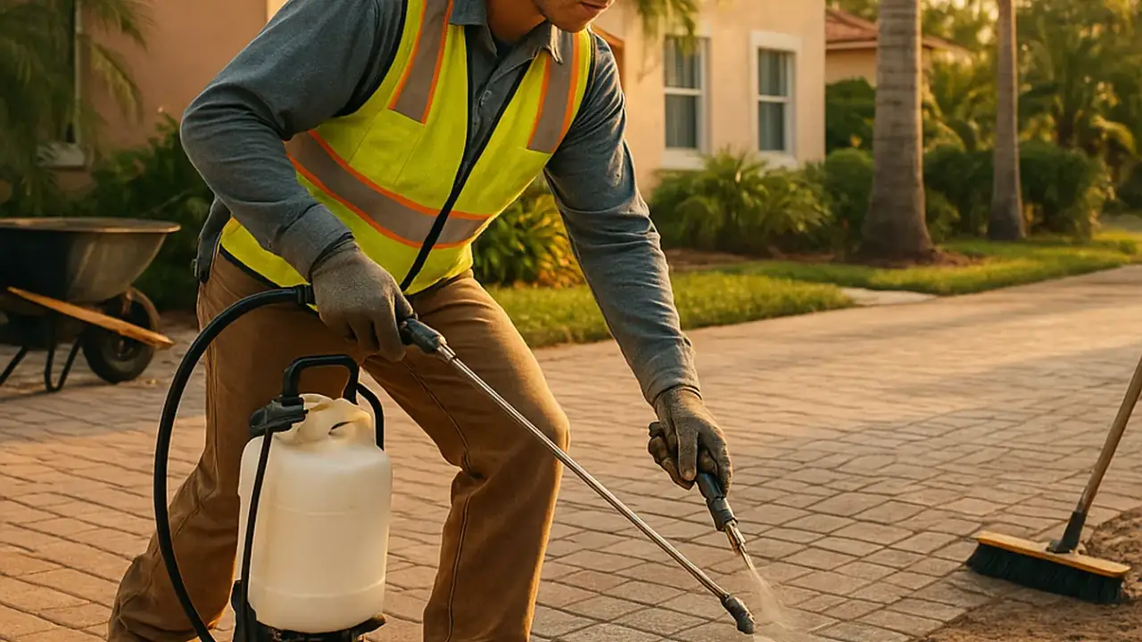 Driveway Sealing and Waterproofing in Miami: technician spraying a waterproofing membrane onto a new paver driveway to