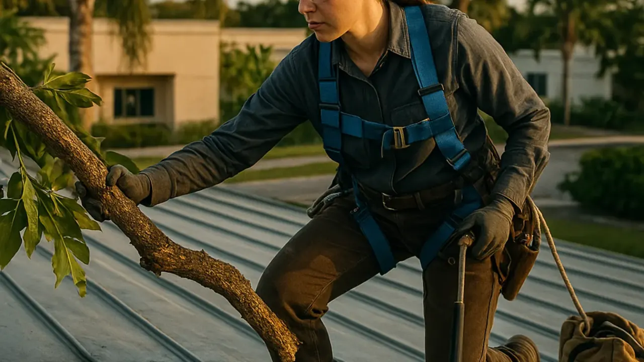 Storm Damage Roof Repair in Sunrise: roofer removing a fallen tree branch from a commercial metal roof, assessing the