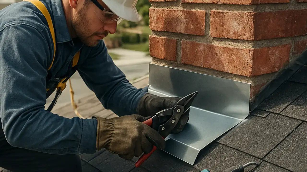 Chimney Flashing Repair in Sunrise: roofer meticulously cutting and folding new metal step flashing to fit snugly against a