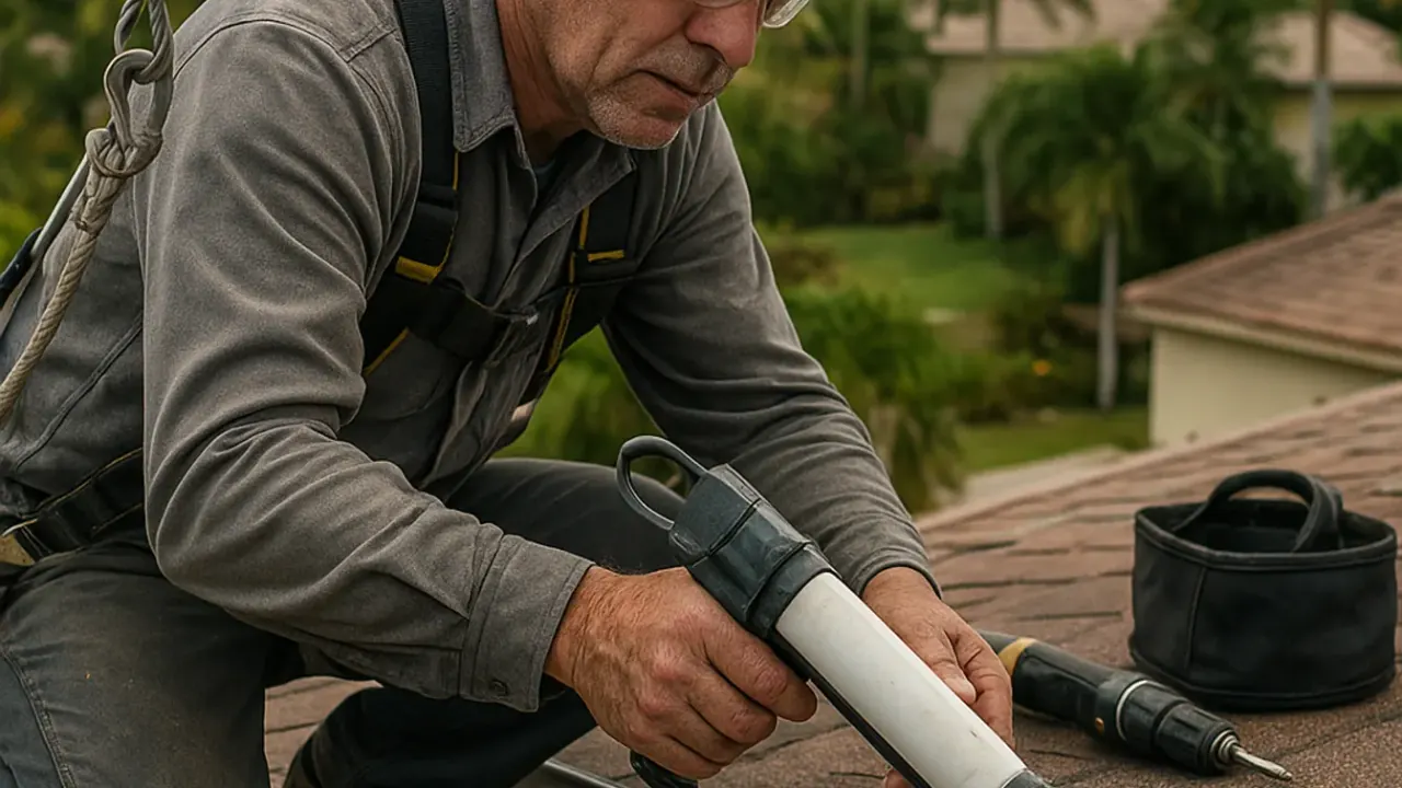 Gutter Installation and Repair in Sunrise: roofer sealing a seam on an existing metal gutter with a sealant gun to prevent