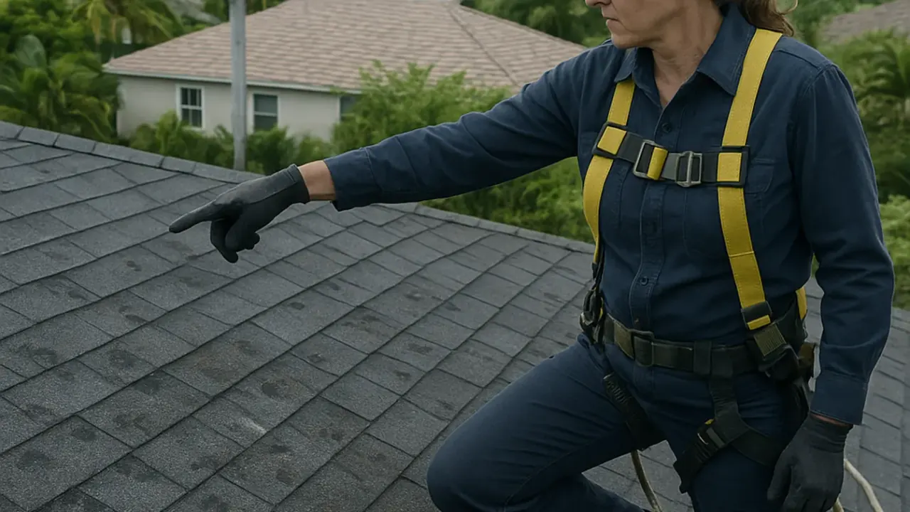Hail Damage Roof Repair in Sunrise: roofer inspecting hail-damaged asphalt shingles, pointing out areas of significant