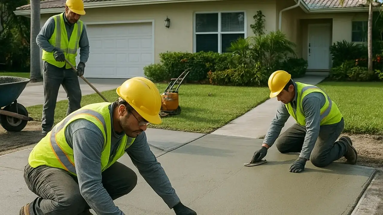 Drive ways construction in miami: team of technicians using various hand tools to precisely finish the edges and surface of