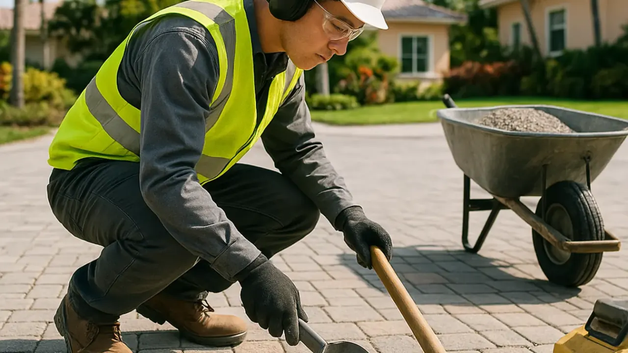 Permeable Driveway Installation in Miami: technician filling the gaps between permeable pavers with aggregate material