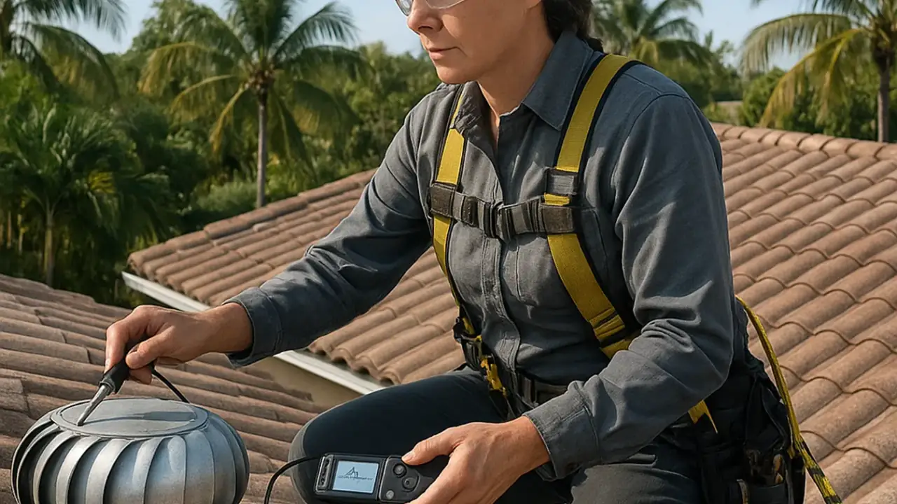 Roof Ventilation Solutions in Sunrise: roofer checking the operation of an existing powered attic fan on a roof, ensuring