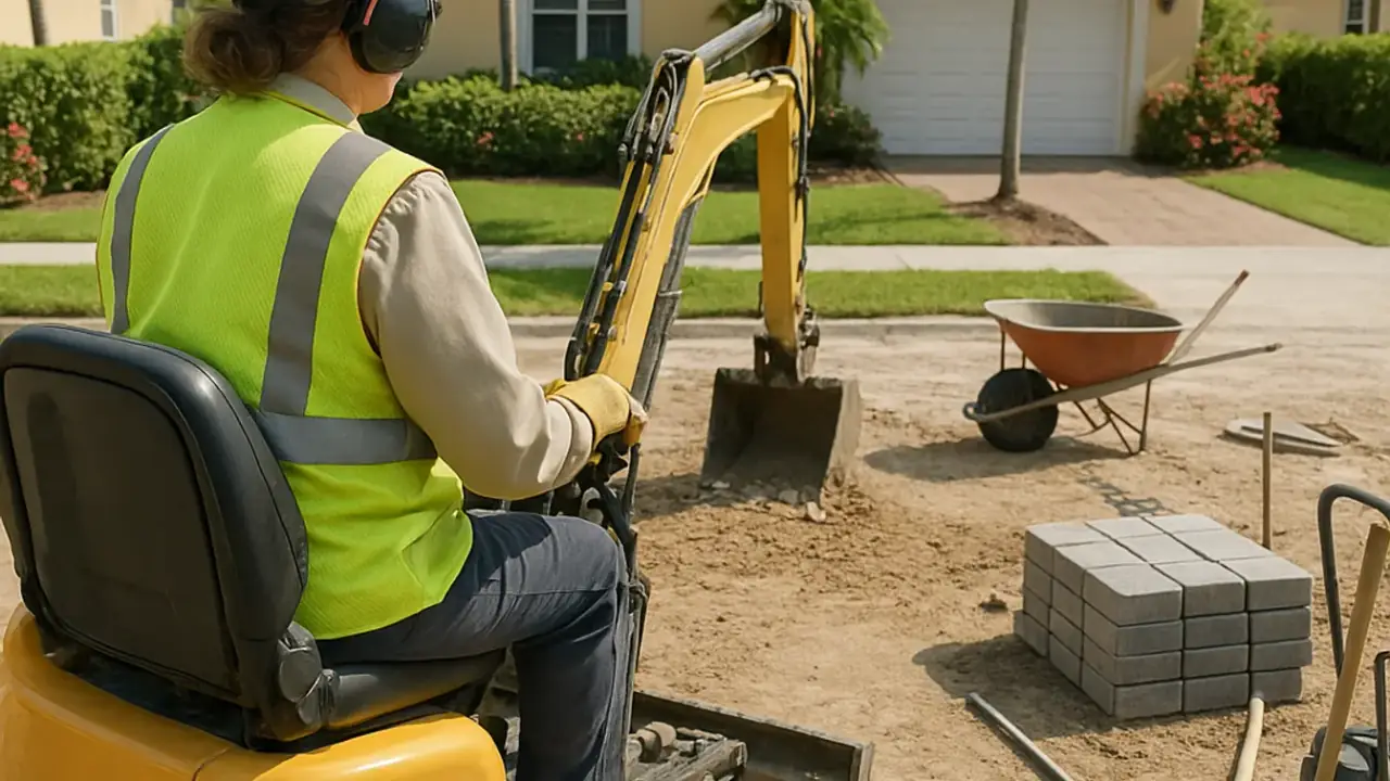 Residential Driveway Construction in Miami: technician operating a small excavator to prepare the sub-base for a new paver