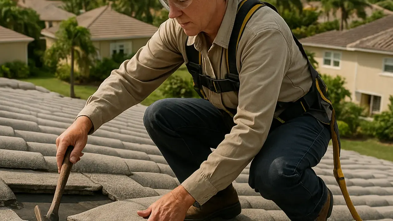 Roof Repair and Patchwork in Sunrise: roofer replacing a cracked concrete roof tile, carefully sliding it into place and