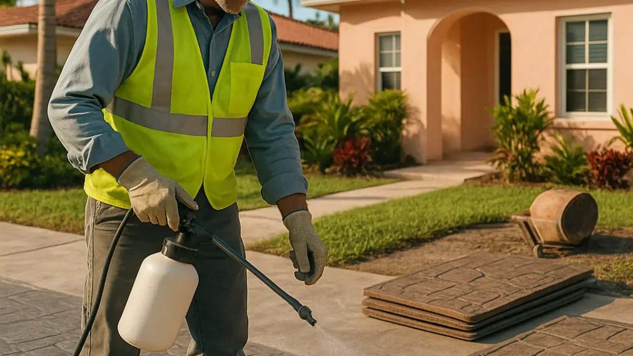 Stamped Concrete Driveways in Miami: technician applying a release agent to the surface of a concrete driveway before